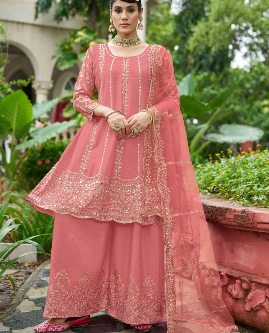 LIGHTPINK - Pink Chinon Embroidered and Mirror Work Palazzo Salwar Suit